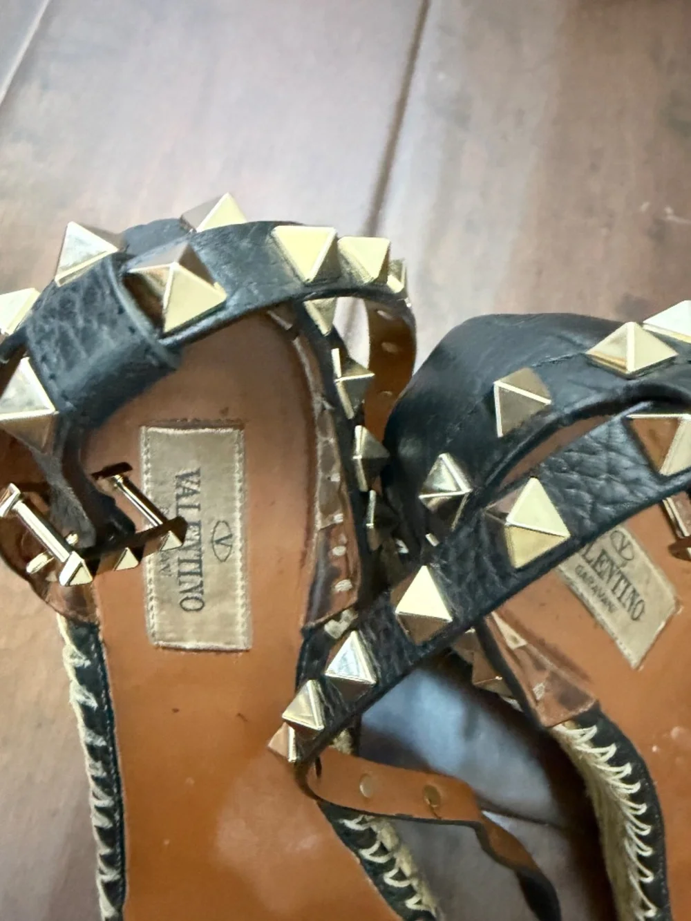 Valentino Garavani Black Leather Studded Espadrille Wedges
